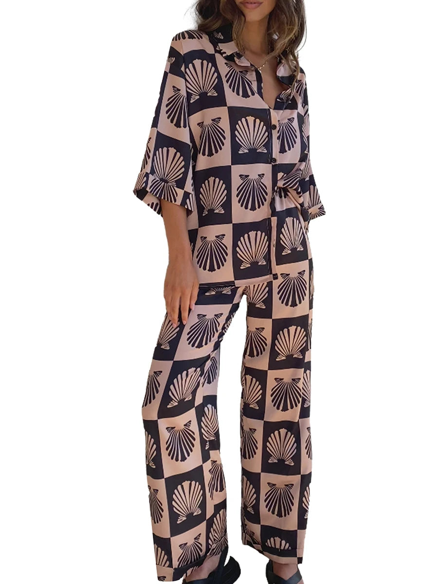 Women’s 2 Piece Pajamas Set Cute Seashell Print 3 /4 Sleeve Button Up Shirt Pants Set Loungewear