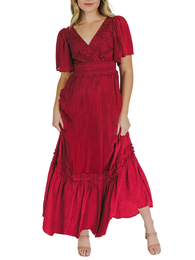 Women's V Neck Formal  V Neck Maxi Dress Ruffle Fringe Short Sleeve Boho  Long Dresses