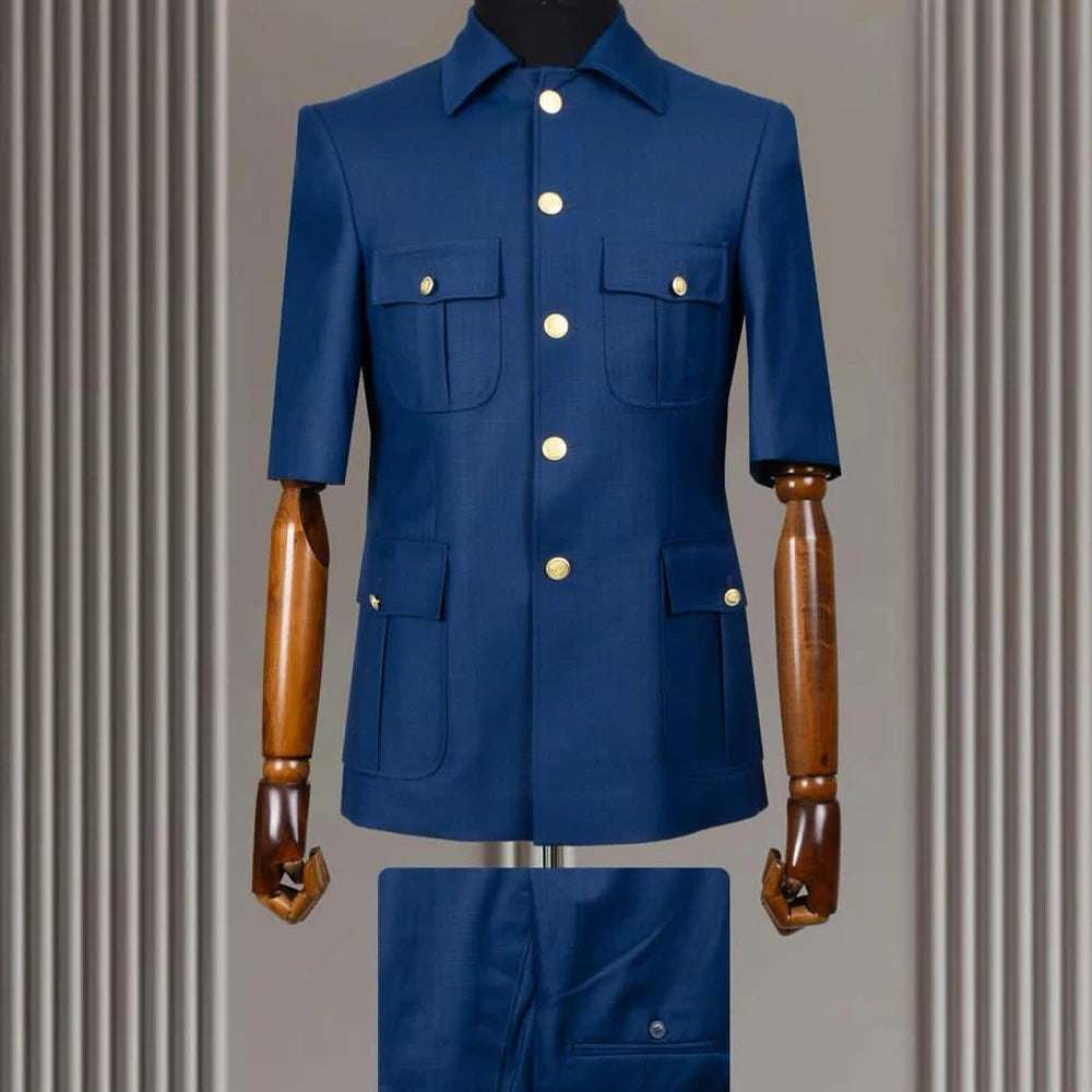 2 Piece Lapel  Short Sleeves with 4 Real Pockets Single Breasted Slim Fit Summer Suits