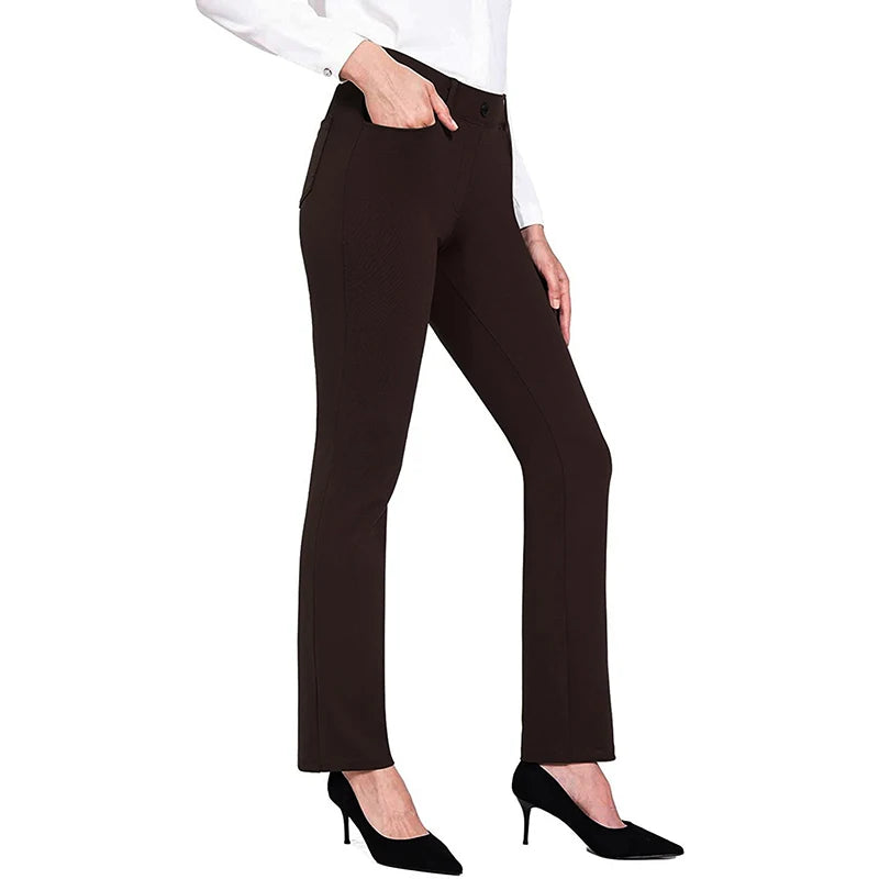 High Waist Slim Leg Pants Solid Color Elastic Flared Trousers with Pockets  Casual