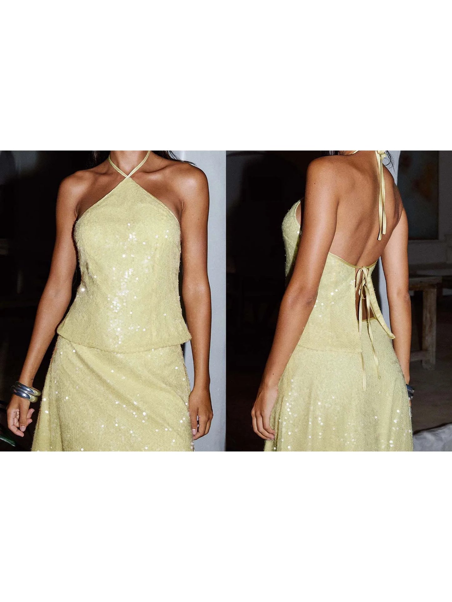 Sequined Halter Neck Crop Top with Tie-Up Back and Sleeveless Design for Women s Streetwear Fashion and Grunge Style Clothing
