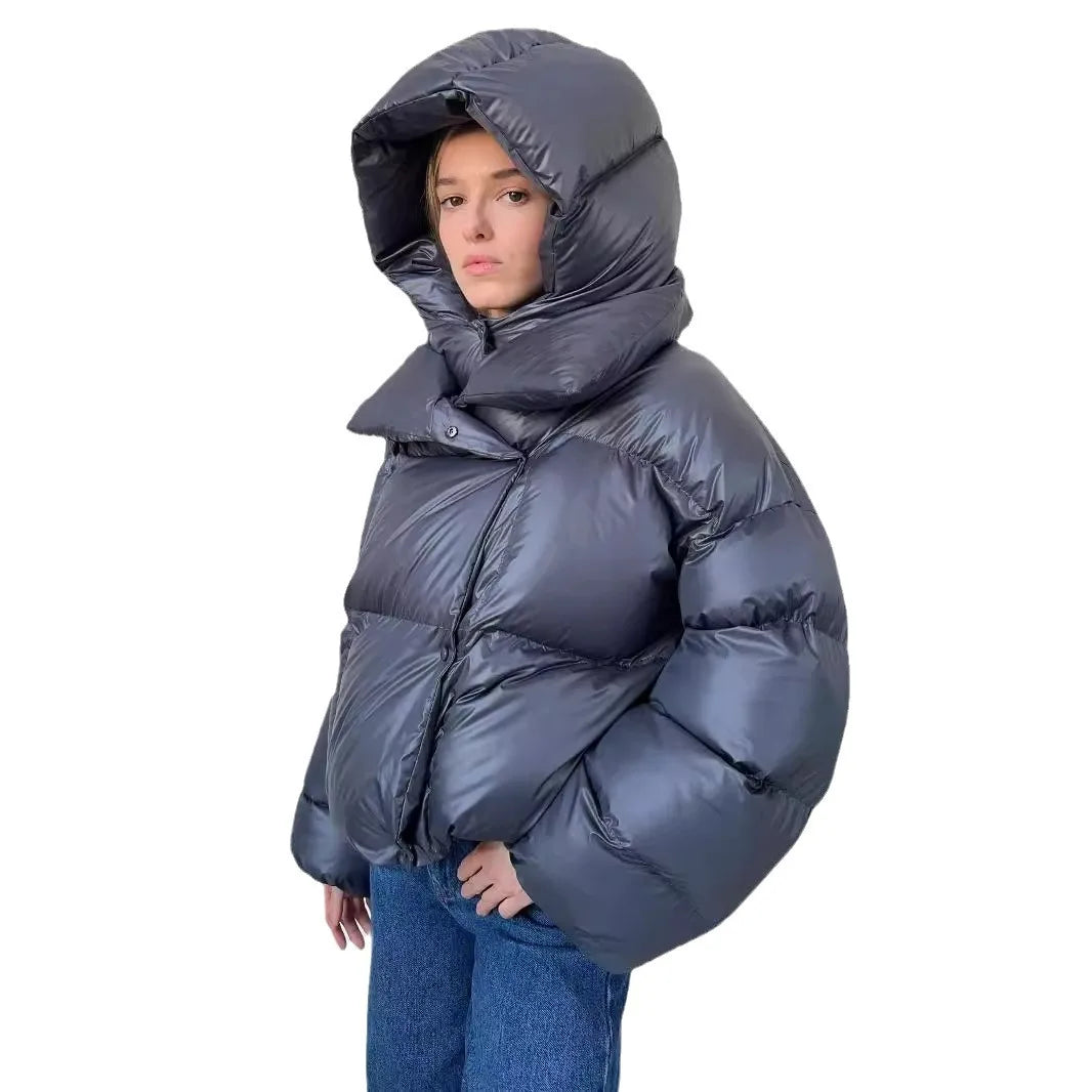 Hooded Jacket Thick Warm Solid Color Streetwear Zipper Loose Down Jacket