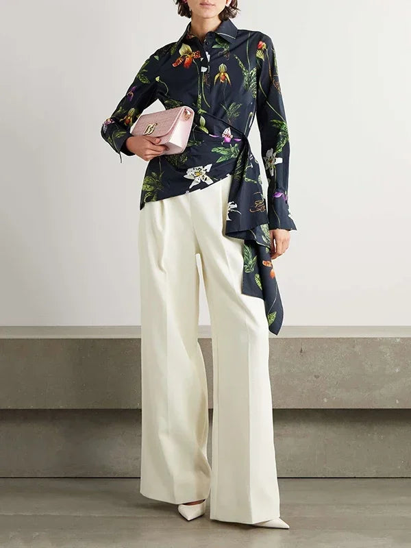 Women‘s Elegant Shirts & Blouses Spring Autumn Long Sleeve Flower Print Asymmetric Office Daily Top Woman Clothing
