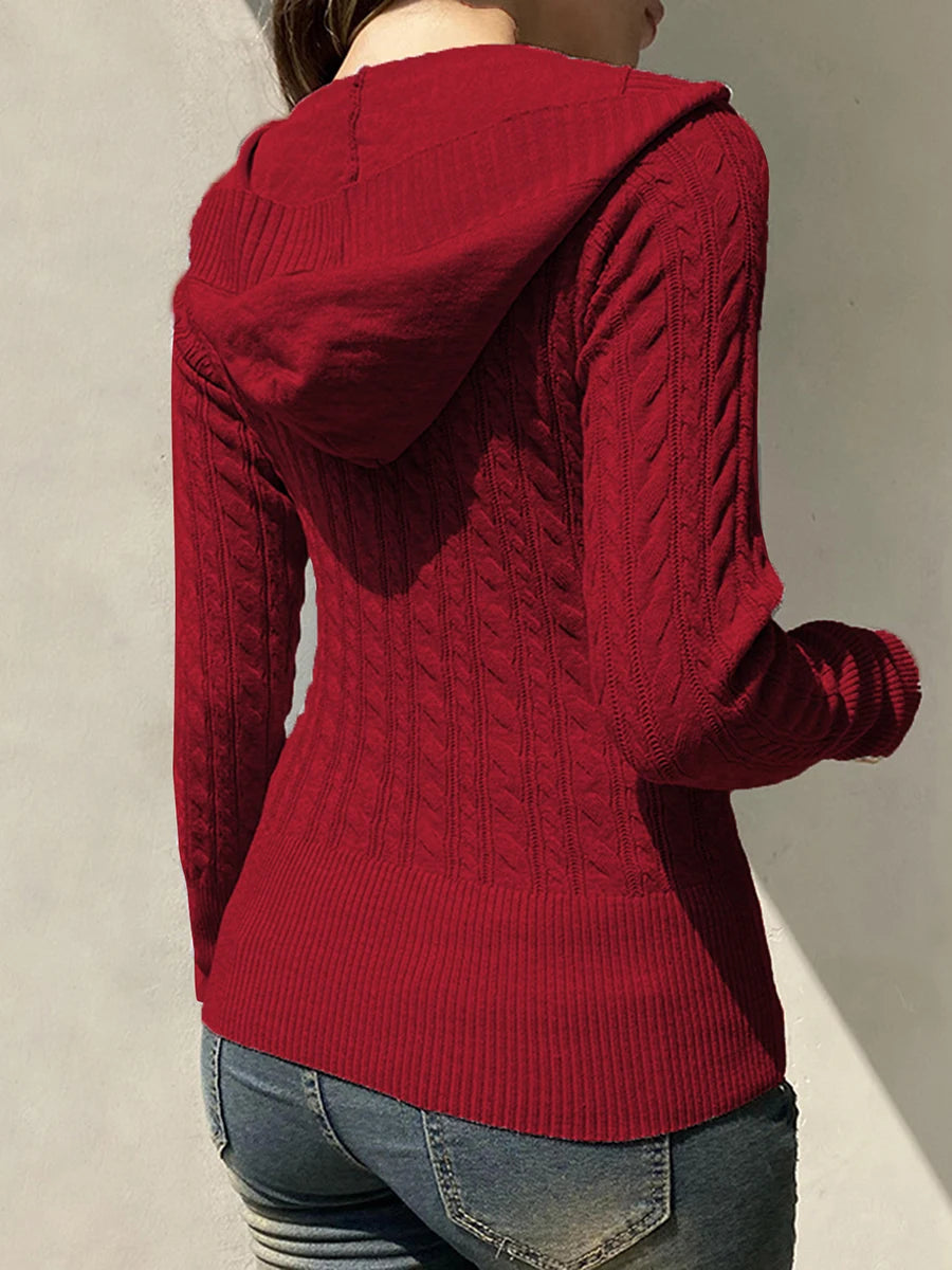 Ladies Cozy Fall Hooded Sweater with Classic Cable Knit Design Stylish V-Neckline and Warm Long Sleeves for Chilly Days