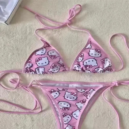 Hello Kitty Bikini Set Swimsuit Beach Strappy Panties Sexy Swimwear