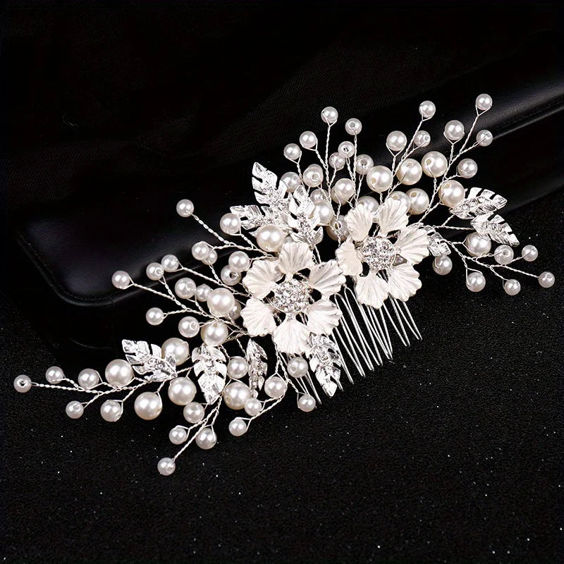 Handmade Silver Crystal Flower Hair Comb Pearl Rhinestone Flower Hair Combs For Women  Hair Jewelry Wedding Hair Accessorie