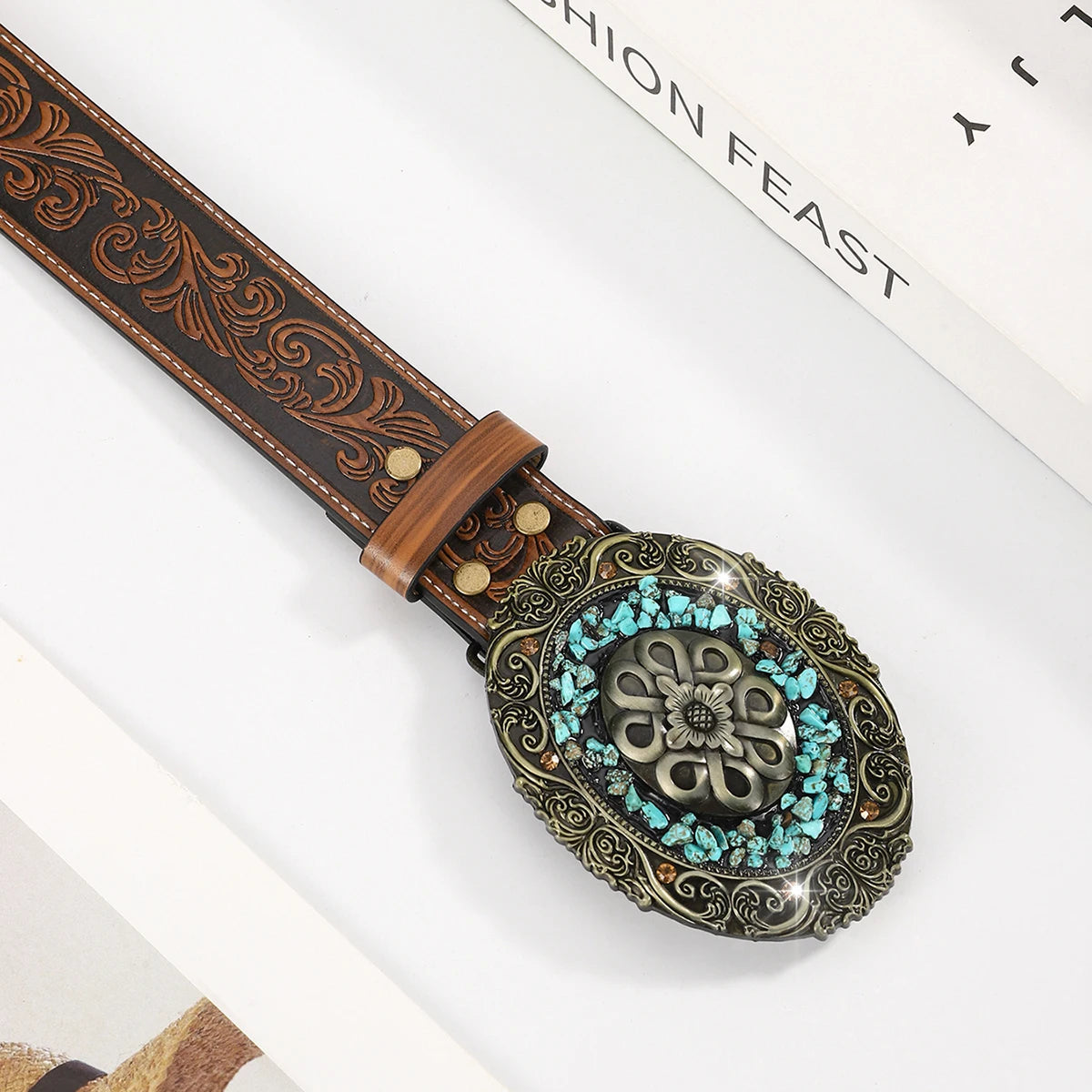 Vintage Turquoise Buckle Belt Classic Embossed Western Faux Leather Belt Vintage Denim Cowgirl Jeans Pants Belt for Women Daily