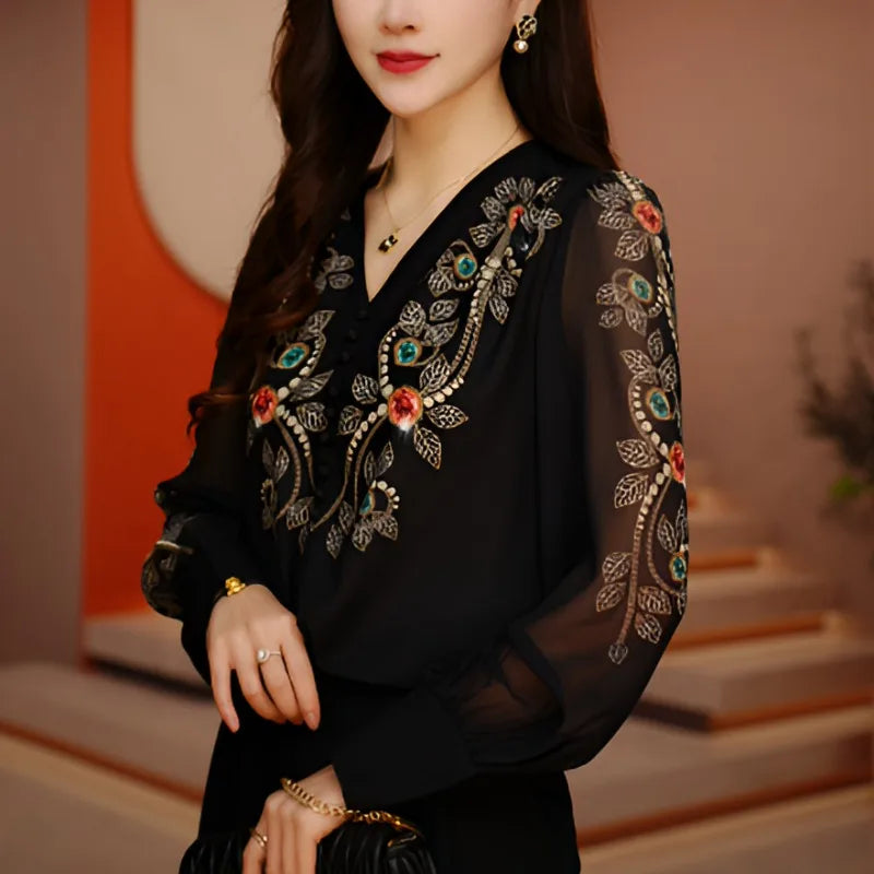 Spring and Summer V-neck Printed Gauze  Long Sleeved Loose Breathable Shirt