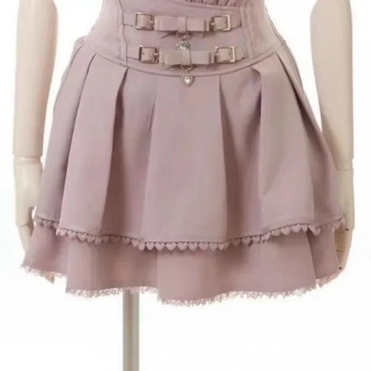 Ruched Double Bow Leather Buckle Slim Waist Skirt