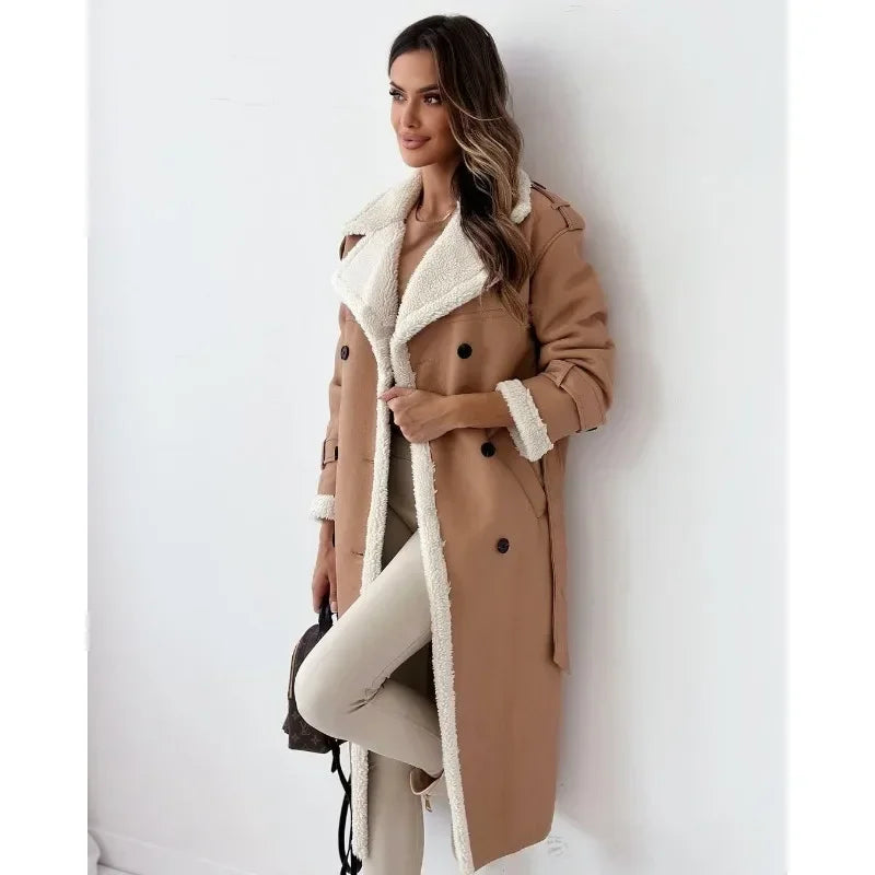 Faux Fur Thick Warm Jacket Ladies Long Sleeved Lapel Collar Elegant Soft Coat