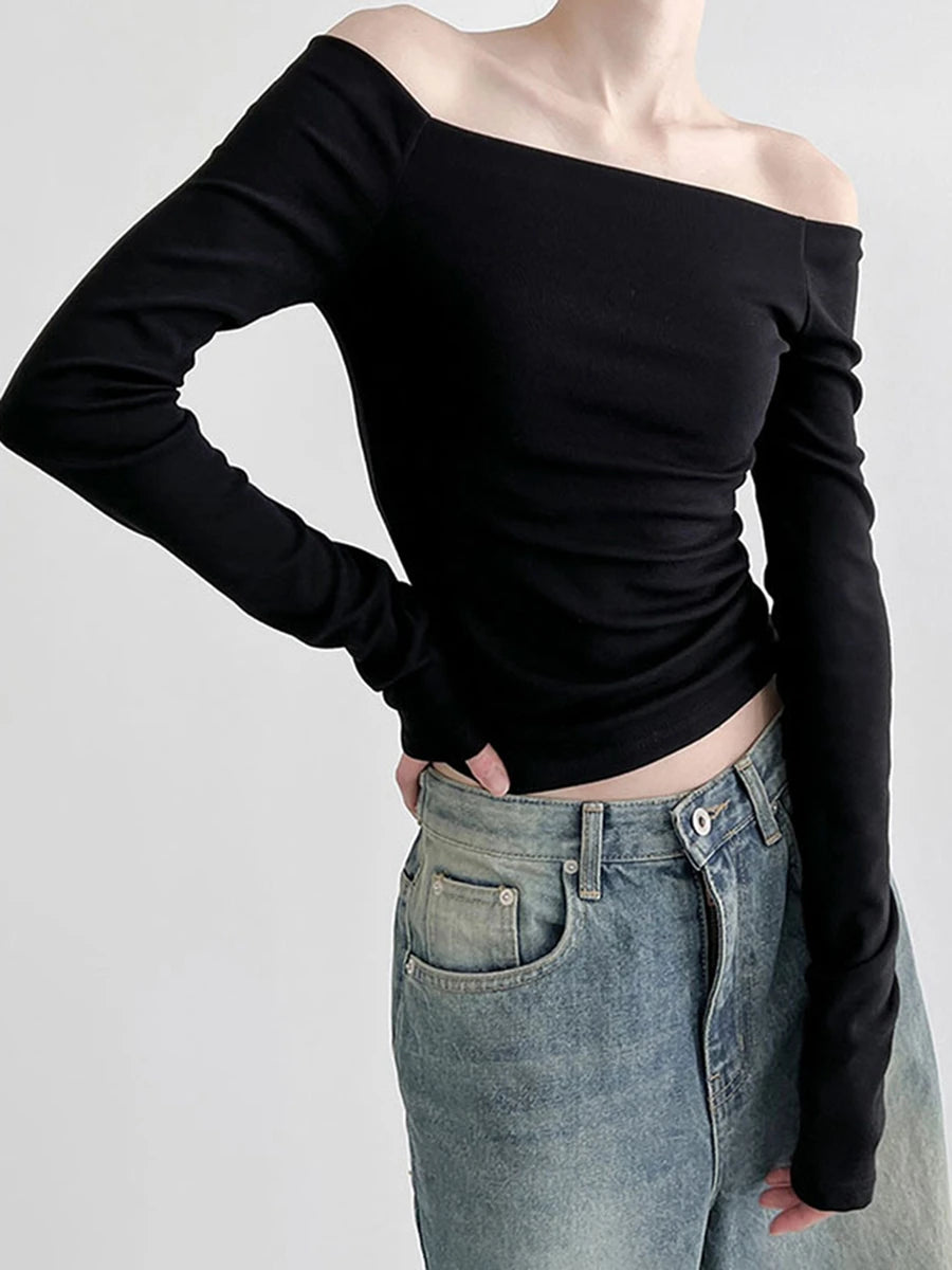 Women Solid Color Short T-Shirt Boat Neck Long Sleeve Off Shoulder Shirts Spring Fall  Fit Tops Streetwear