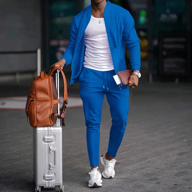 Spring men's casual blazer set new fashion Waffle baseball suit round neck pocket zipper long sleeve trousers two-piece set