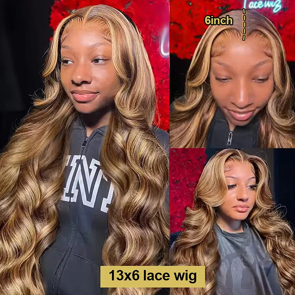 30 40 Inch 4/27 Highlight Ombre Blonde Body Wave 13x4 Lace Front Wig 13x6 HD Transparent Lace Frontal Human Hair Wig
