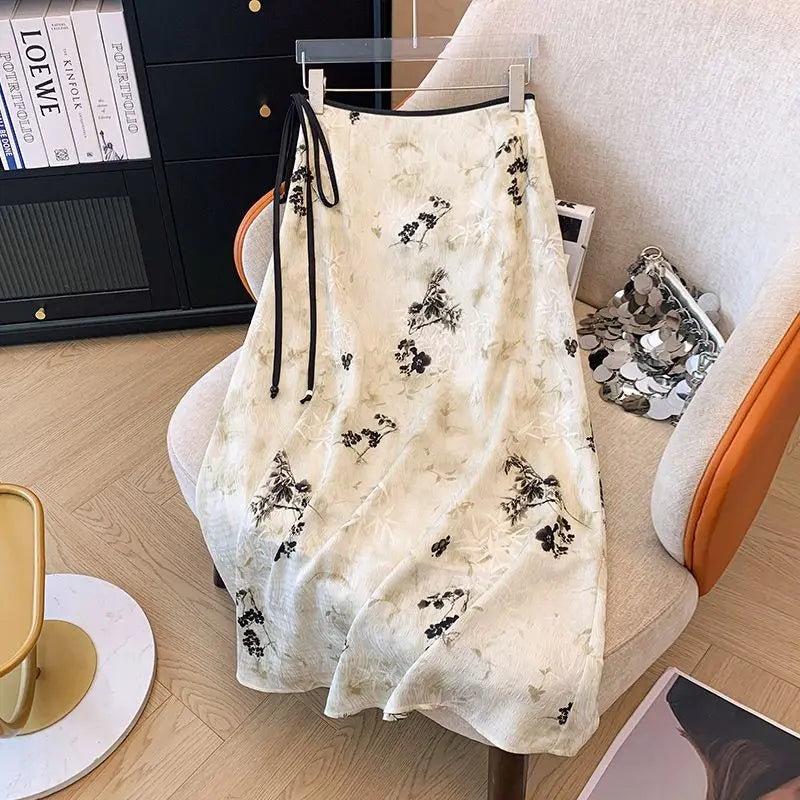 High Waist Zipper Loose Chinese Style Drawstring A-Line  Skirt