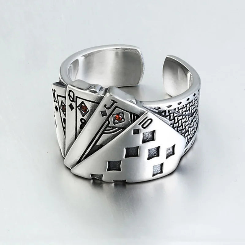 Vintage Lucky Poker  Adjustable Open Rings For Women Men Playing Card Finger Stainless Steel Ring Fashion Party Jewelry