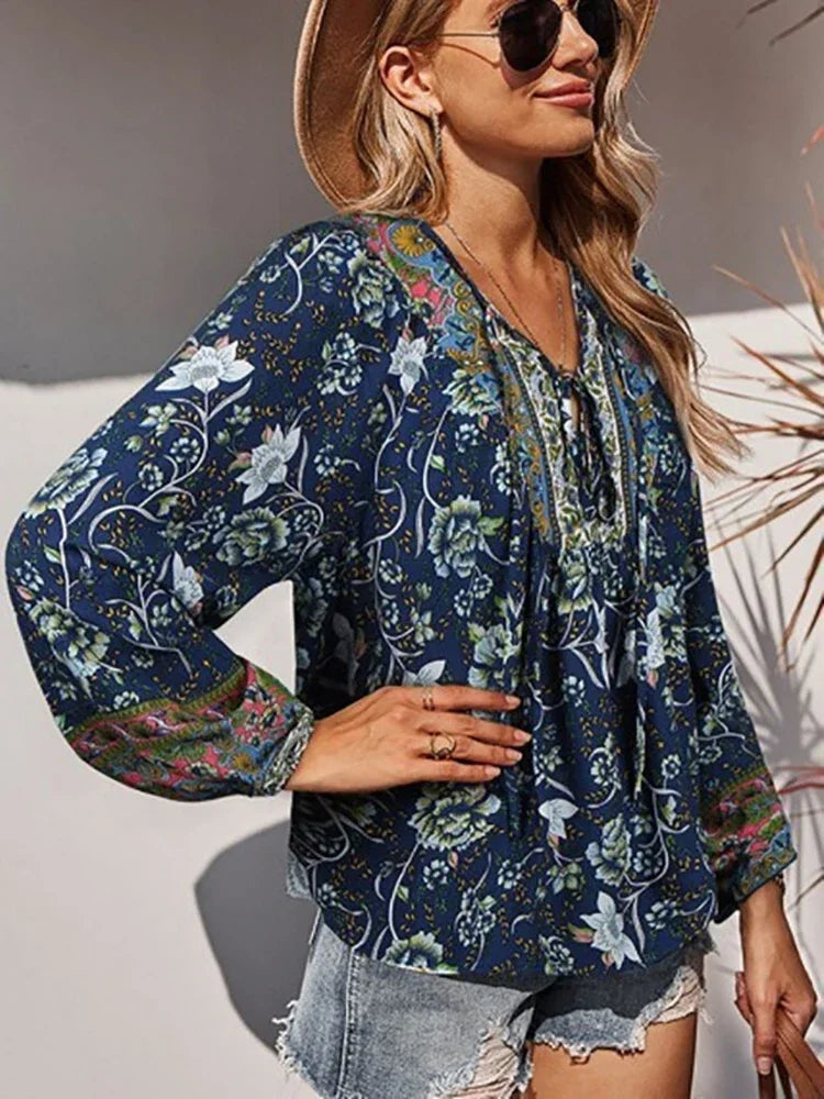 Vintage Lantern Sleeve  Bohemian Print Blouse