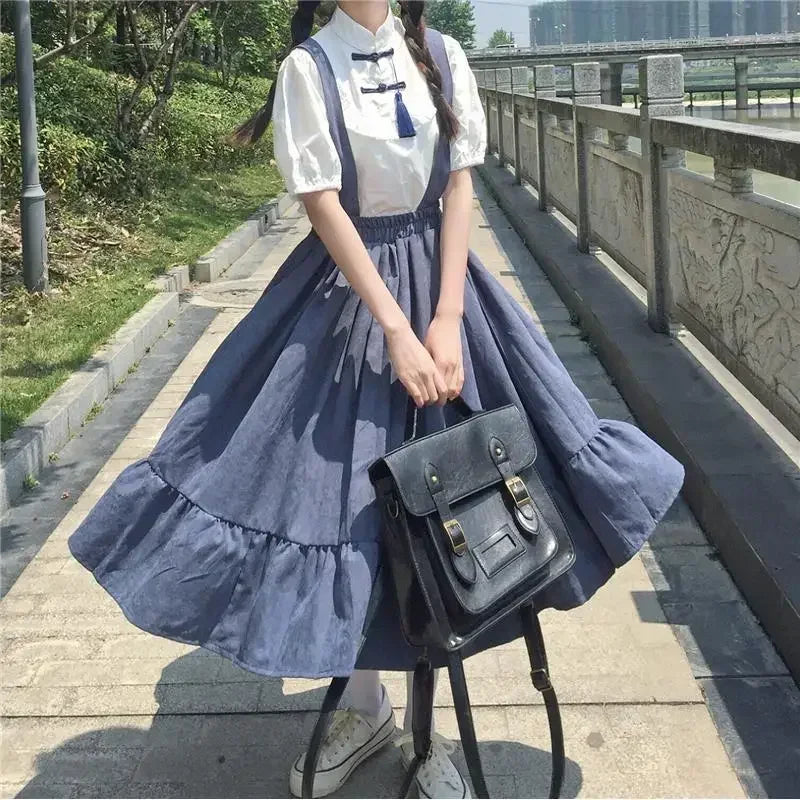 Preppy Style Strap Long Skirt Ruffles Loose