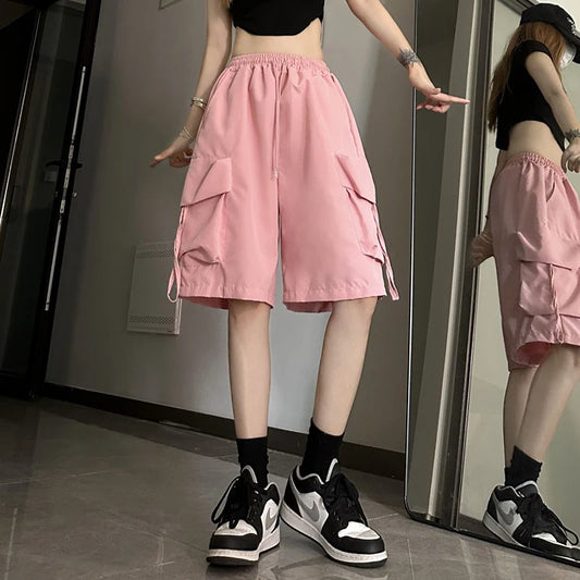 Women's High Waist Cargo Shorts American Style Streetwear Summer Wide Leg Pants Fashion Female Big Pocket Loose Shorts