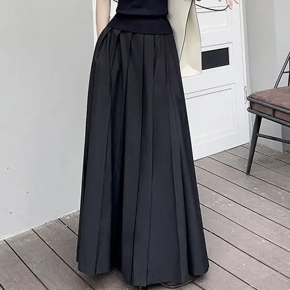 A Pleated  Large Hem  Retro Low Waisted Casual  Ankle Length Skirt