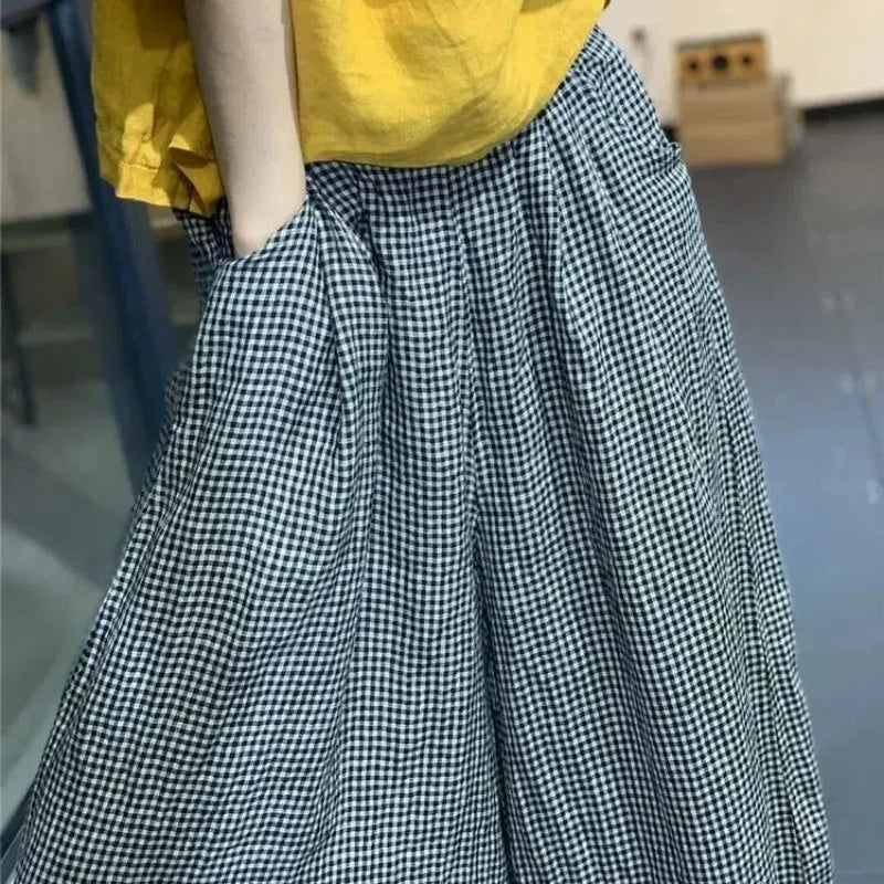 Elasticized High-waisted Pocket  Plaid  Loose Casual  Pants