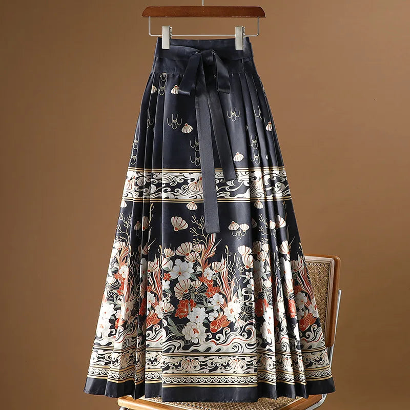 Vintage Maxi Chinese Style Horse Face Skirts  Pleated
