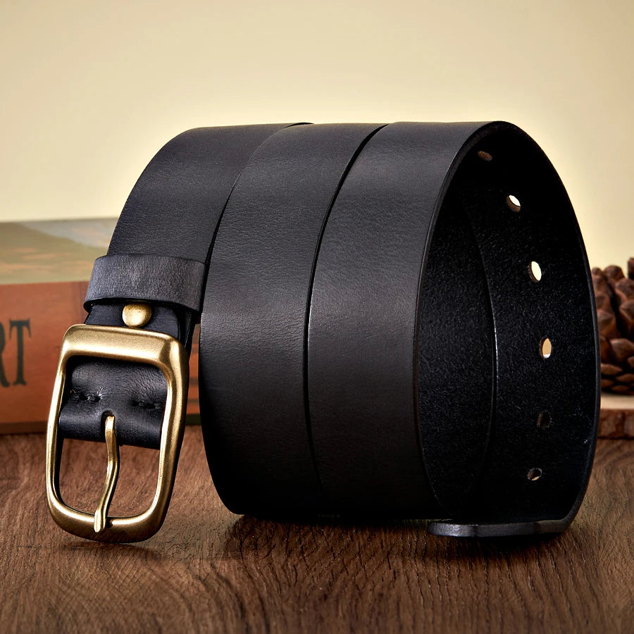 3.3CM High Quality Natural  Cow skin Genuine Leather Belt  Casual Copper Buckle