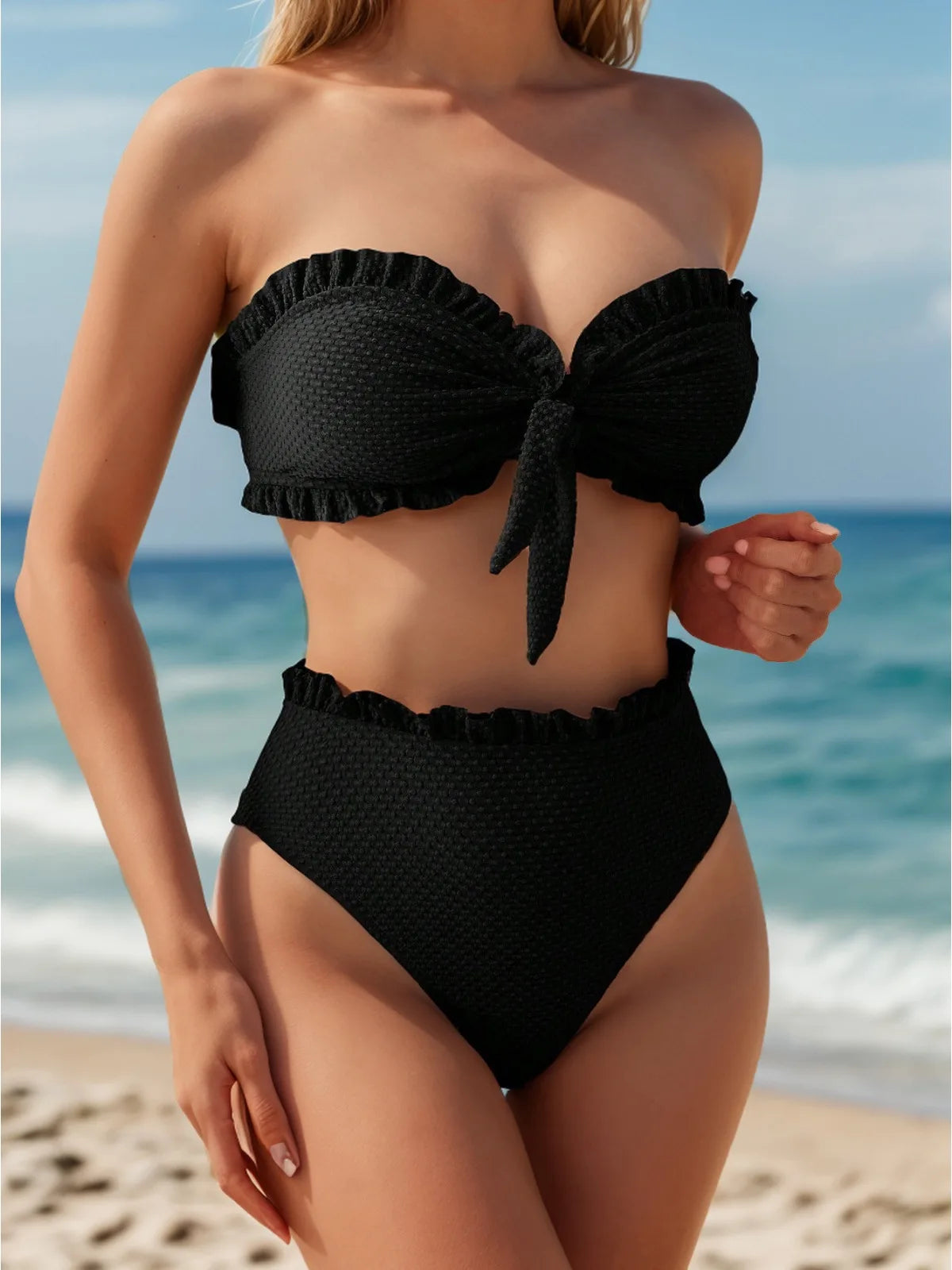 Solid Color 2 Piece Swimsuit Sexy Ruffle Strapless Backless Bikini Set Beach Vacation High Waist Swimwear Bathing Suit