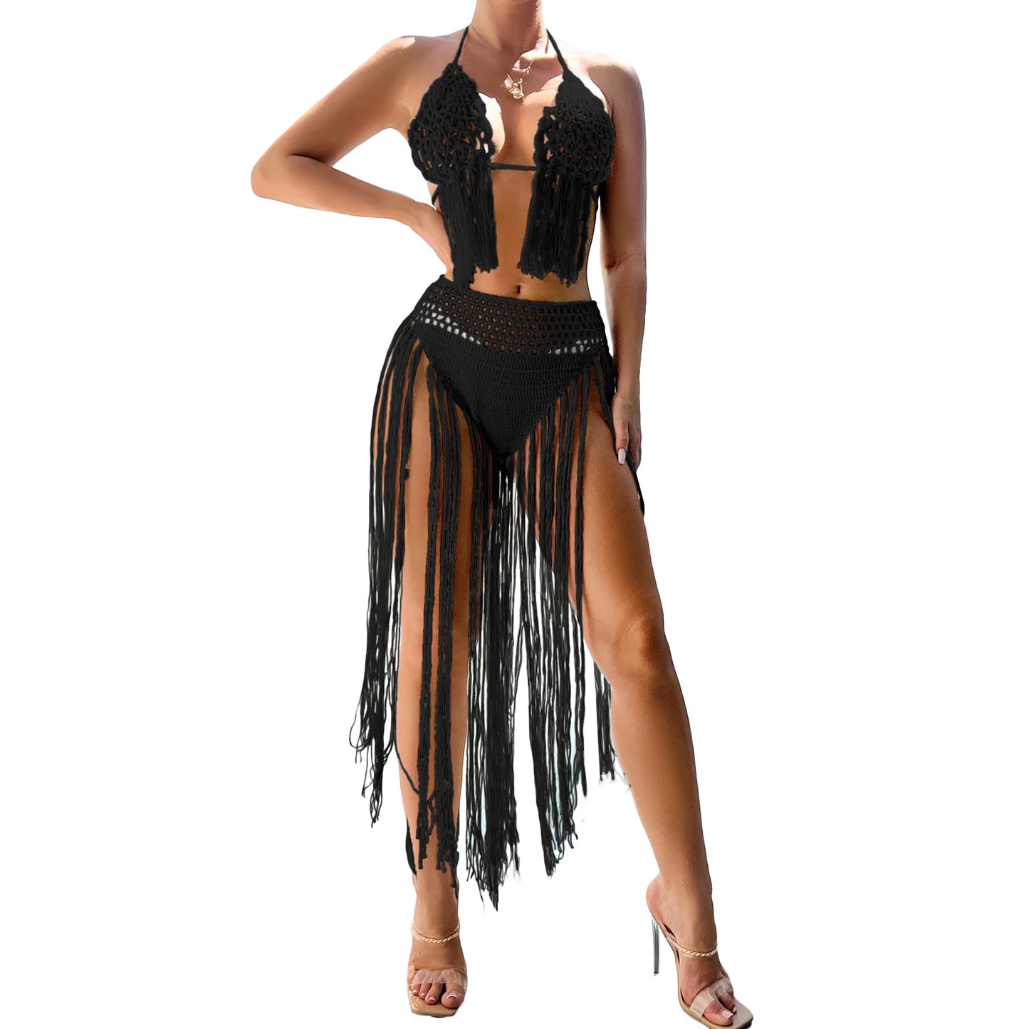 Crochet Halter top  High Waist Bikini Bottom Set Beachwear Swimsuit