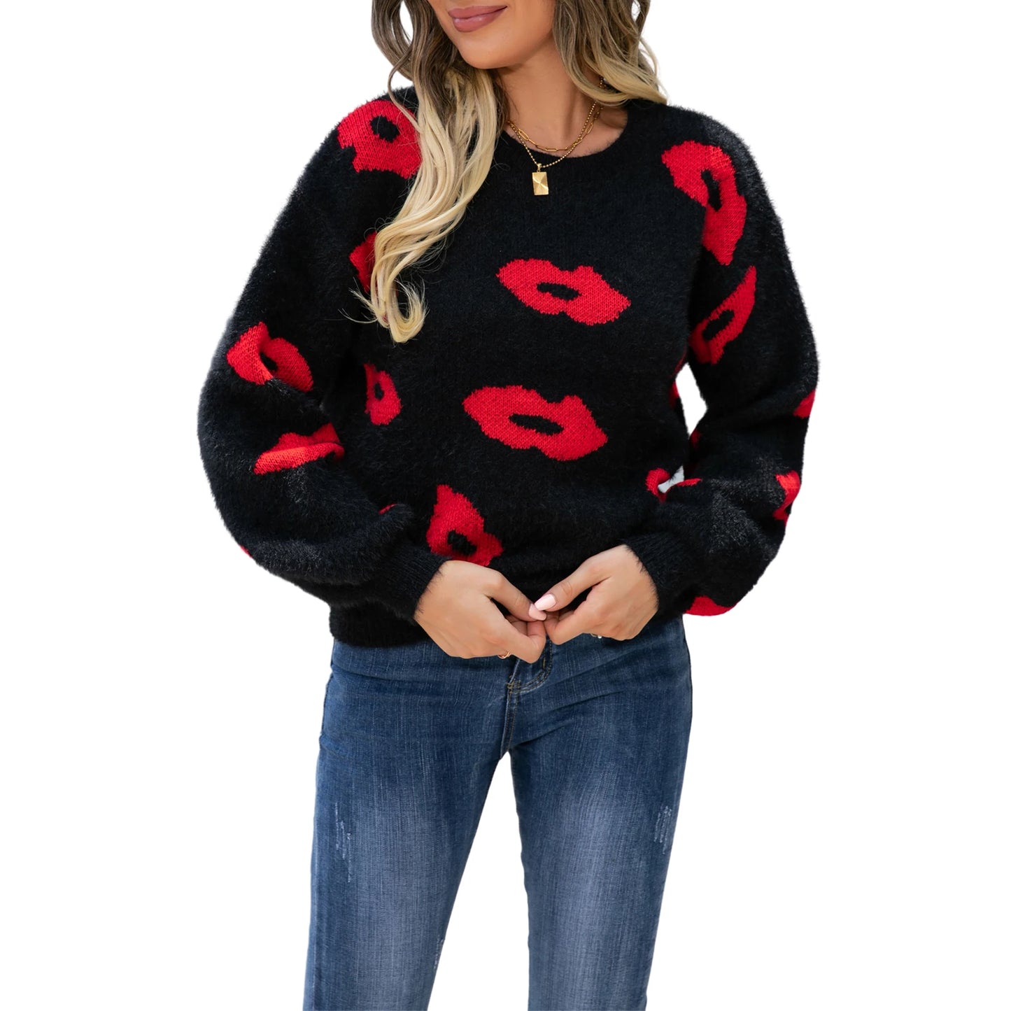 Women  Sweater Cartoon Lip Print Long Sleeve Round Neck Loose Pullover Knitwear