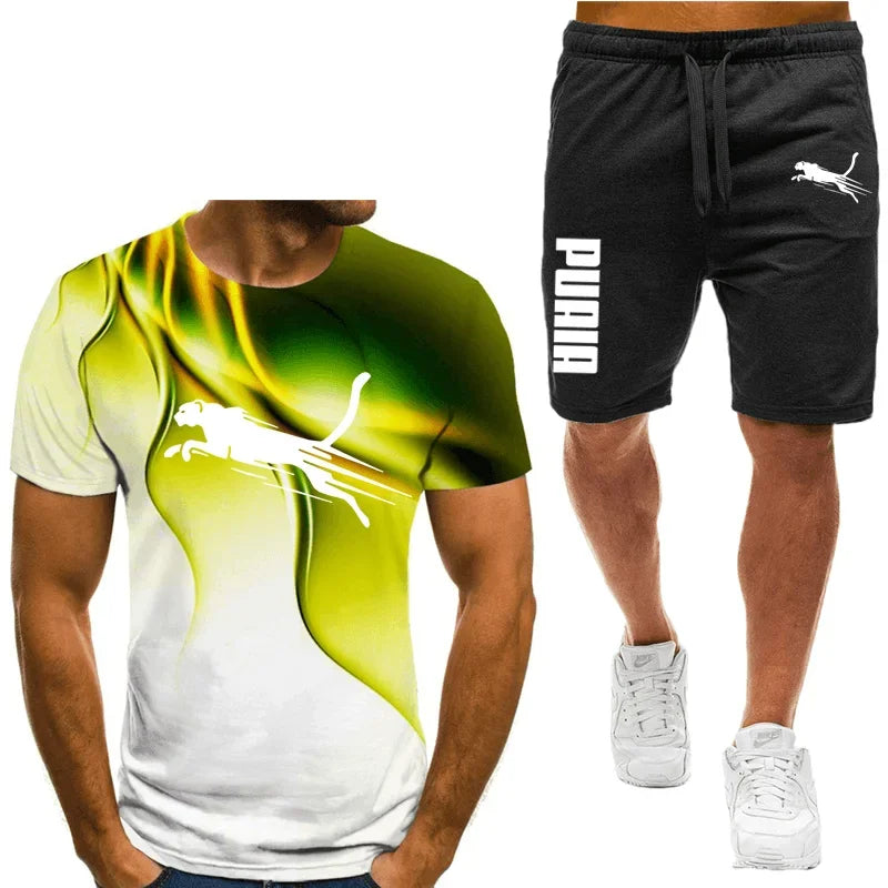 Two piece animal pattern printed men's suit summer casual daily men's short sleeved T-shirt outdoor street men's sports shorts