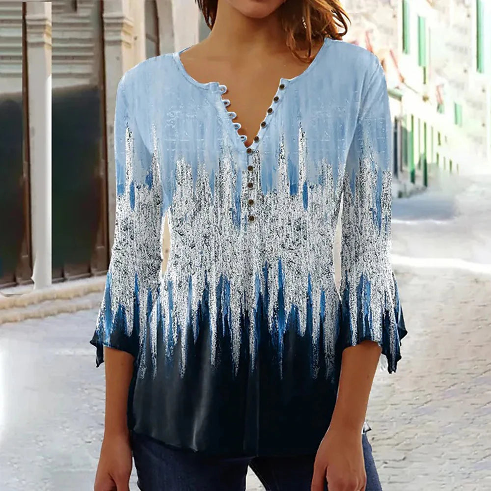 Women's V-Neck Short Sleeve Summer Button T-Shirt Street Trend Flower Geometric Print Women's Loose Casual V-Neck