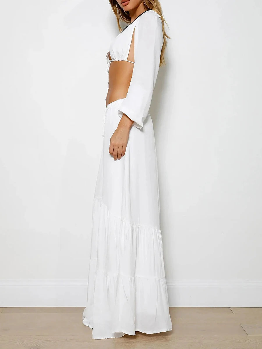 Women Skirt Set Long Sleeve Tie-up Crop Top with Low Waist Long Skirt
