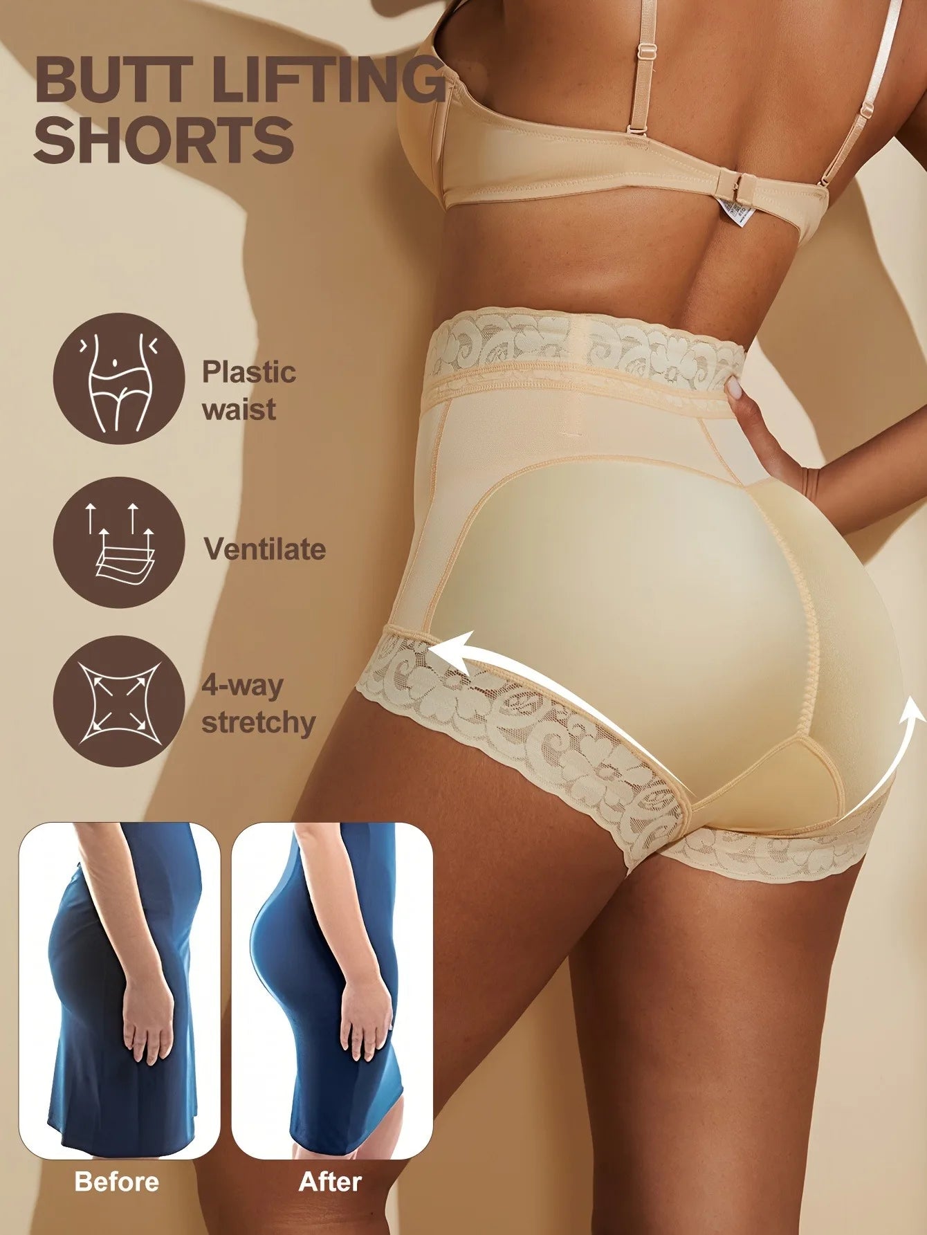 Lace Trim Sculpting Panties, Comfy & Breathable Butt Lifting Panties