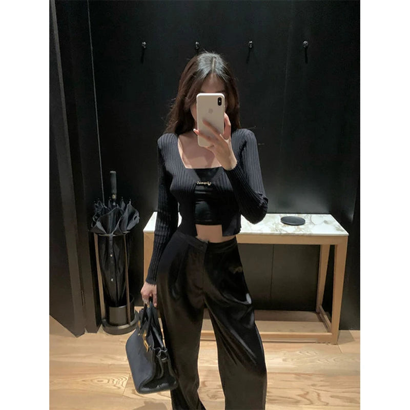 Satin Wide Leg  High Waist   Baggy Straight Trousers