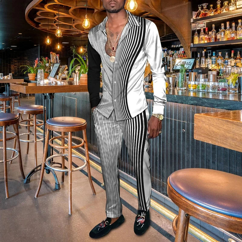 Retro Men's Shirt Suits 3D Luxury Print Fashion Men Casual Breathable Men's Lapel Long Sleeve Shirt Long Pants2 Pcs Set