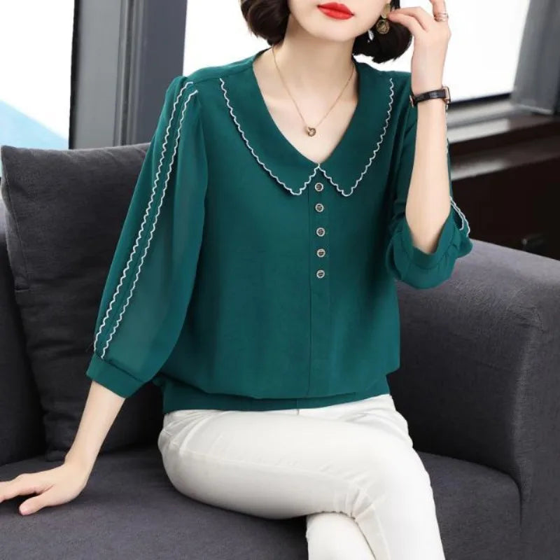 Solid Color V-Neck Shirts Patchwork Striped 3/4 Sleeves Loose Fashion Button
