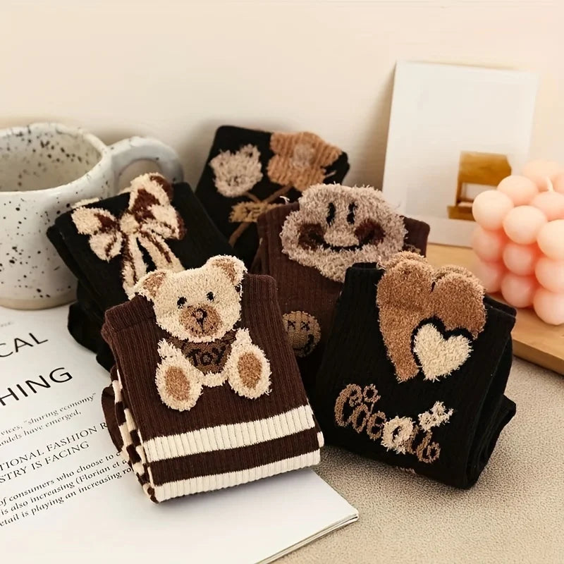 5 Pairs Of Latte Color Pattern Women's Socks, Comfortable And Versatile Mid-calf Socks