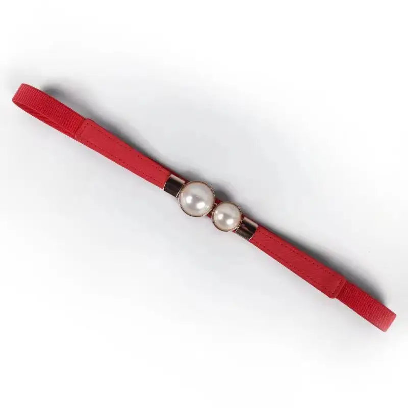 Women's Thin Elastic Belt Decorative Dress Double Pearl Buckle Belt Waistband