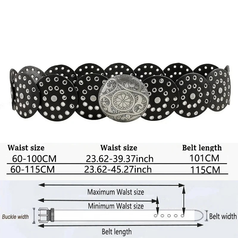Women's Western Denim Belt High Quality Metal Hollow Ladies Trend Wide Waistband Vintage Personalized Round Belts