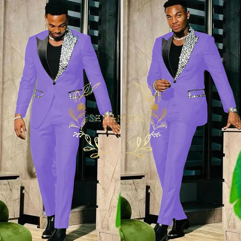 Suits for Men Slim Fit Single Breasted Peak Lapel Blazer High Quality Crystal Prom Party 2 Piece Jacket Pants Sets Terno