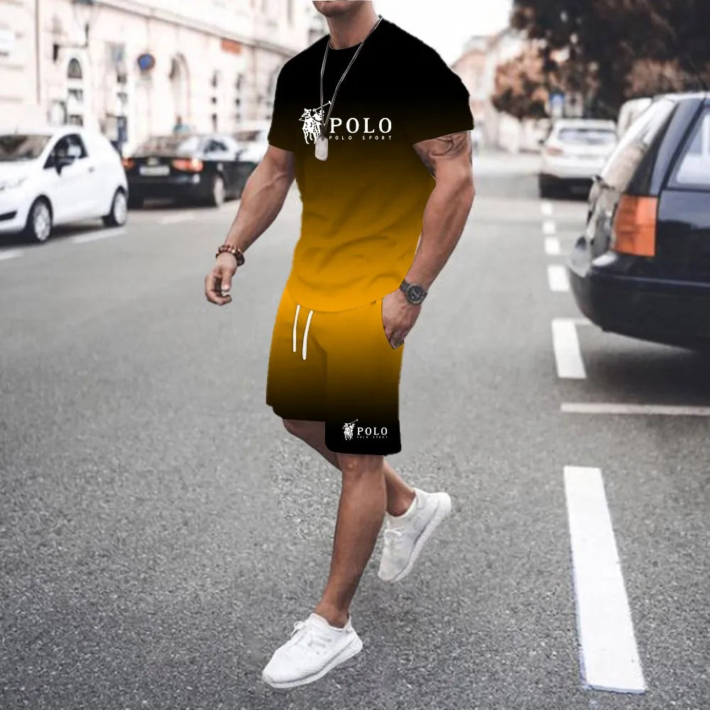 Trendy and fashionable street style 3D men's gradient letter print pattern suit T-shirt casual T-shirt shorts two-piece set