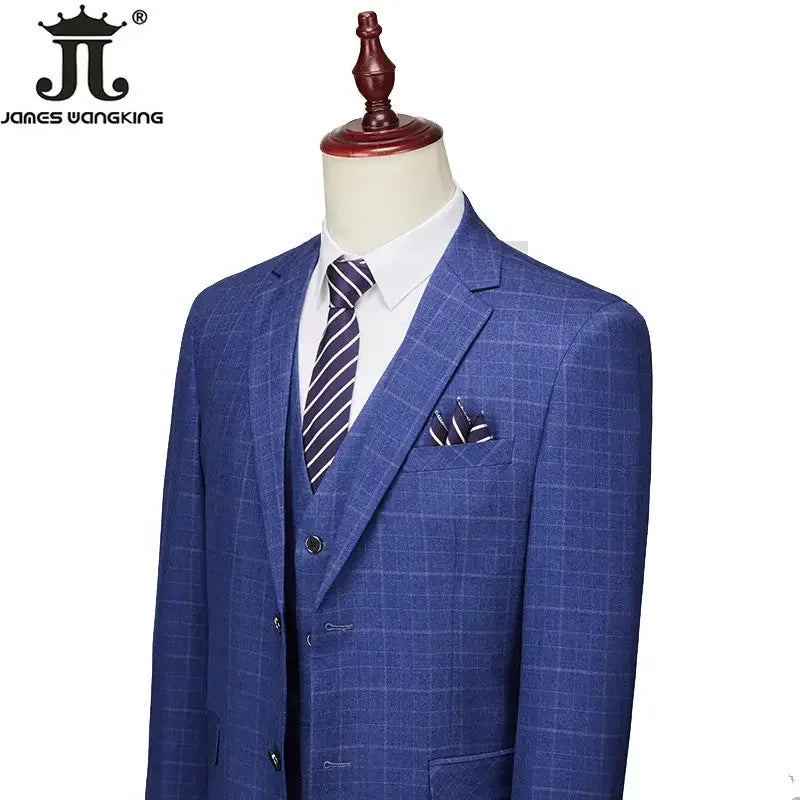 High-end Brand Classic Blue or Gray Plaid Men's Casual Business Suit Retro Official Suit Groom Wedding Dress Jacket Vest Pants