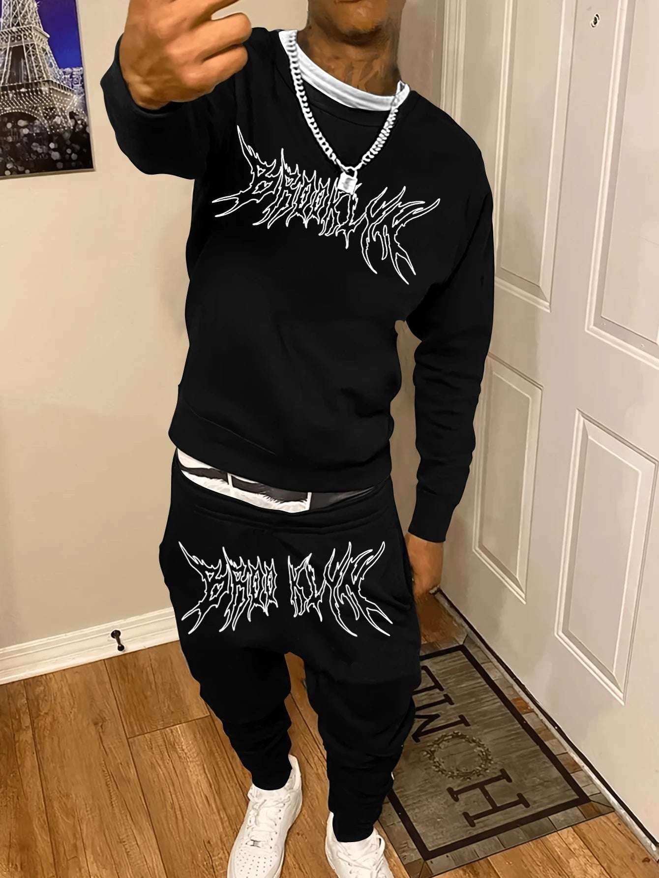Autumn Trendy  Sweatshirt Sweatpants Set Men's Daily Loose Casual Fit Printed Hundred Long Sleeve Sweatshirt 2 pieces Set