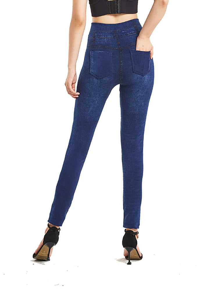 Stretchy Solid Color Plus Size Jeggings Fashion False Jeans Women's Tight Seamless Pocket Leggings Soft Pencil Pants