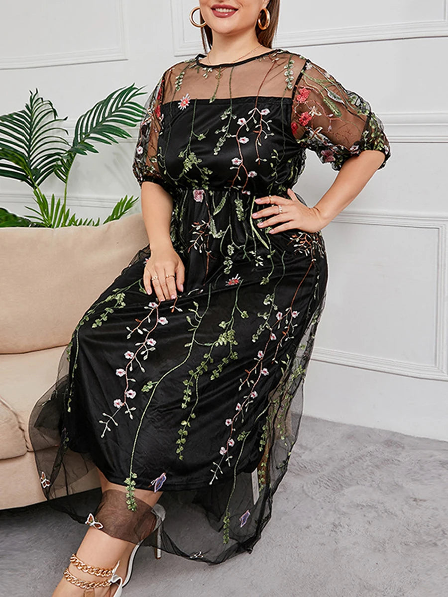 Women s Lace Maxi Dress Floral Embroidered Short Sleeve O Neck Plus Size Evening Party Elegant Gown