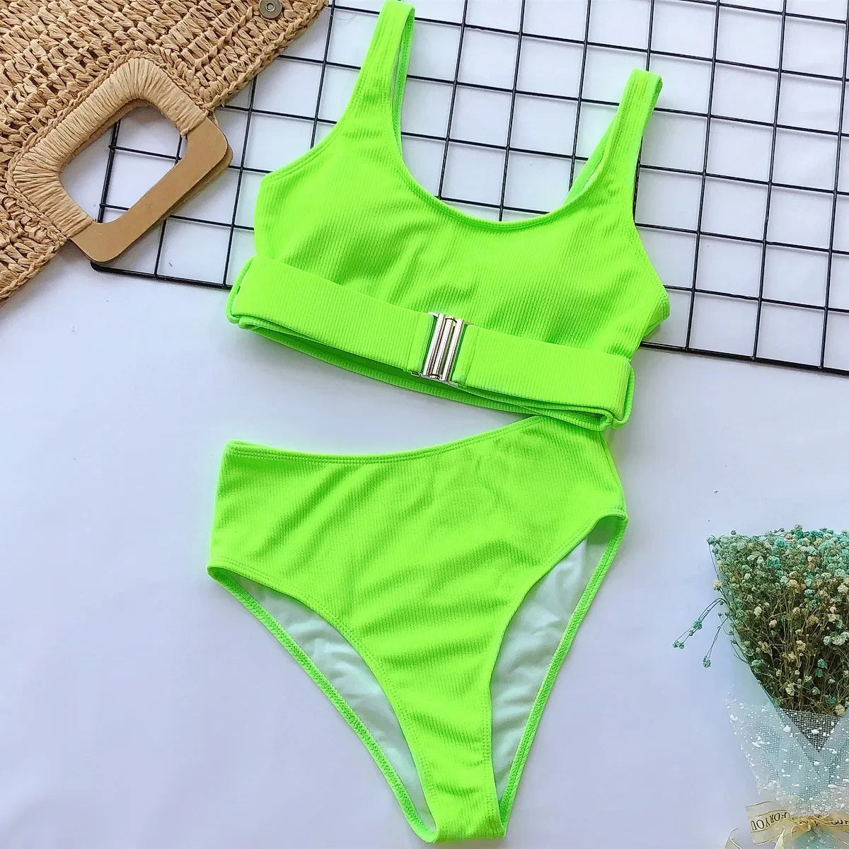 Neon Green Bikini Set  Women Buckle Push Up Swimsuit Summer Solid  Bathing Suit Beach High Waist Swimwear