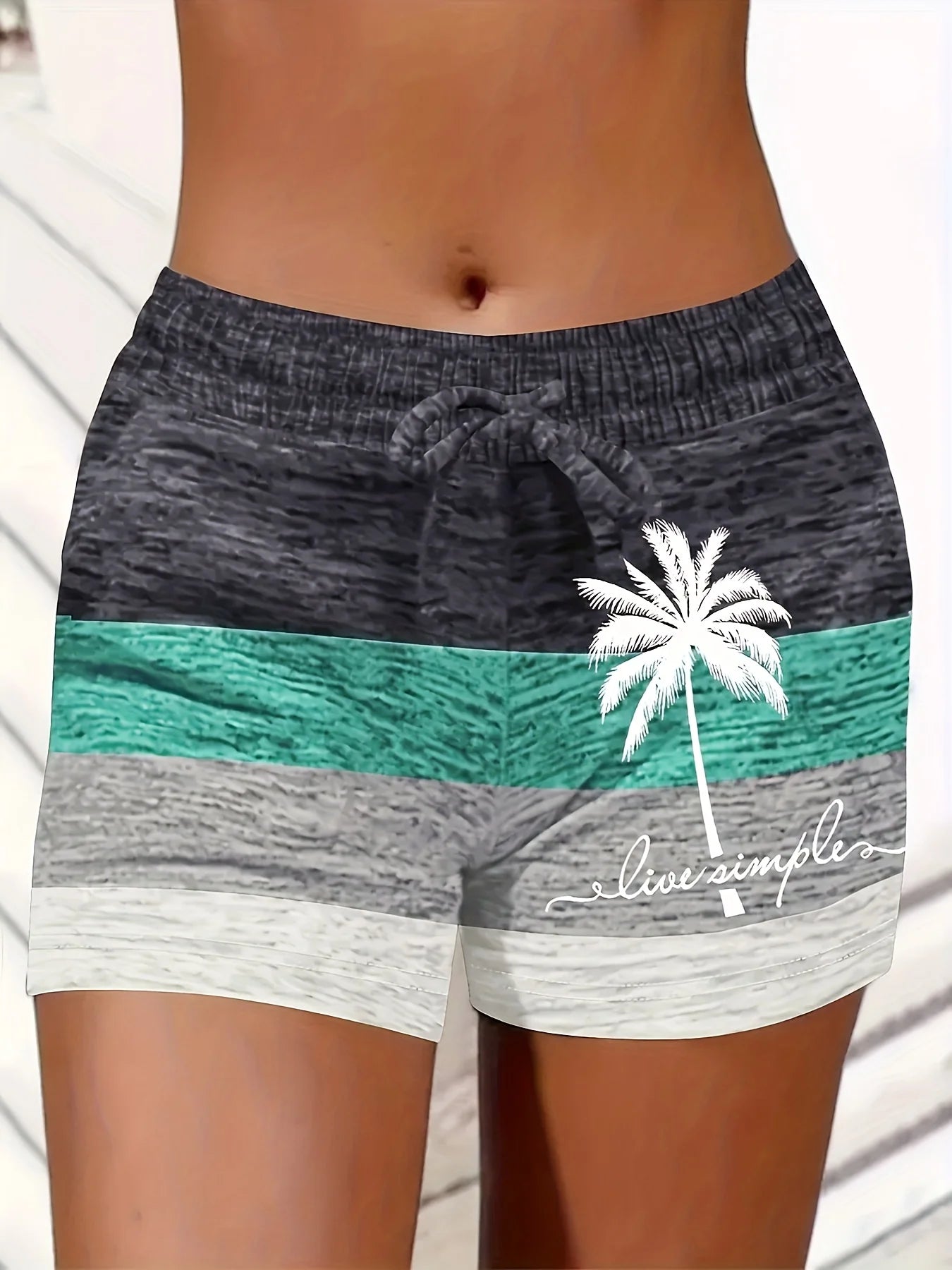Women's Tropical Palm Printed Drawstring Shorts - Comfortable and Stylish Sportswear with Pocket Belt Perfect for Summer Casual