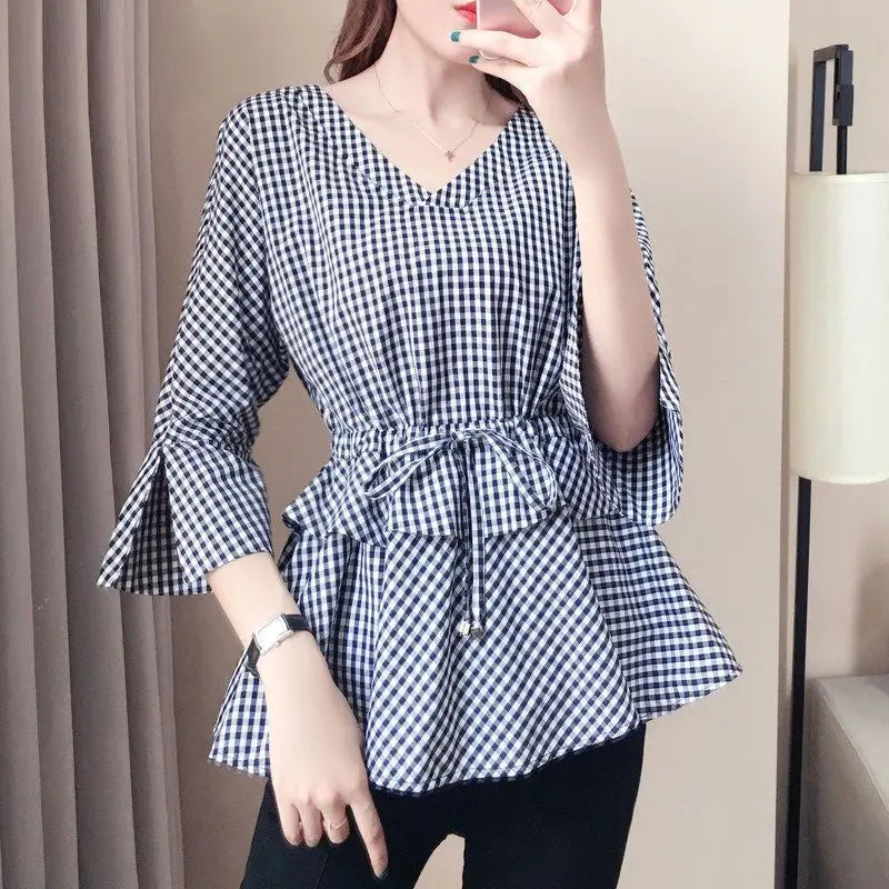 Lacing Plaid Blouse