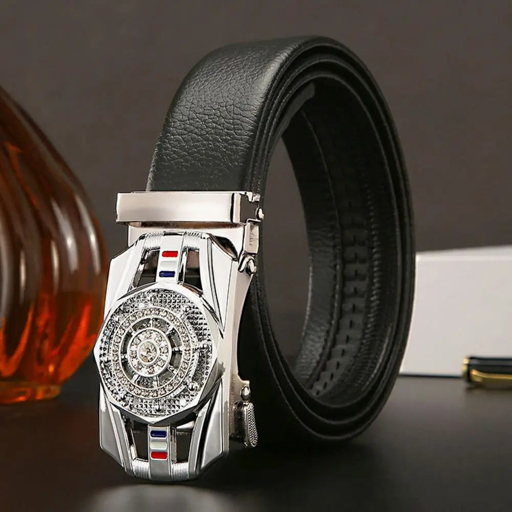 Business Time To Run Belt  Automatic Buckle Leather Belt Silver Waist Buckle Males Luxury Belt Rhinestone Decoration