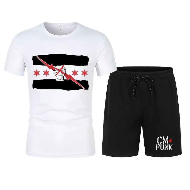 Men's black CM return punk T-shirt shorts suit summer short-sleeved men fashion comfortable loose clothing suit